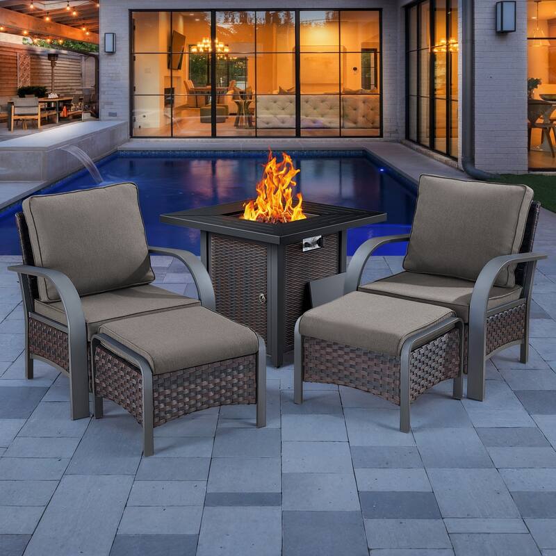 5 Pieces Patio Club Chairs with Propane Fire Pit Table - Grey Cushion - Brown - Grey - Brown