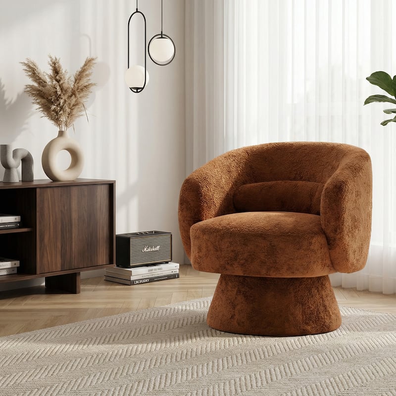 360° Swivel Accent Chair, Round Barrel Upholstered Armchair with Lumbar Cushion - Rust