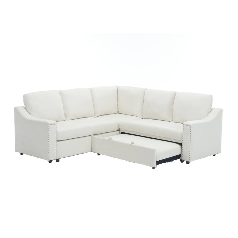 L-shaped Sleeper Sofa Bed in Beige Polyester, Multifunctional for Living Room & Office