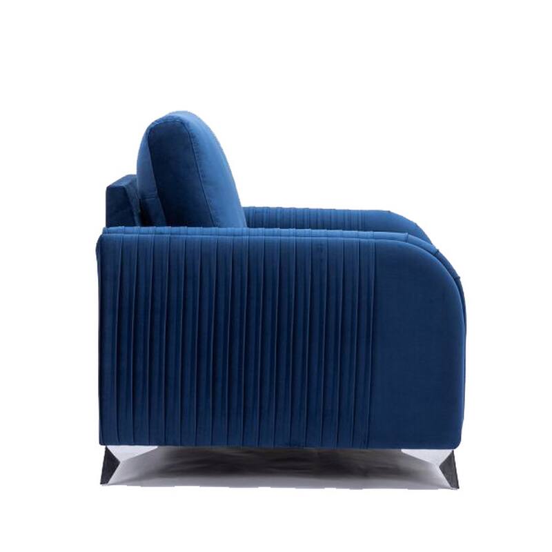Wiena 79 Inch Sofa, Velvet Upholstery, Solid Pine Wood, Blue and Chrome