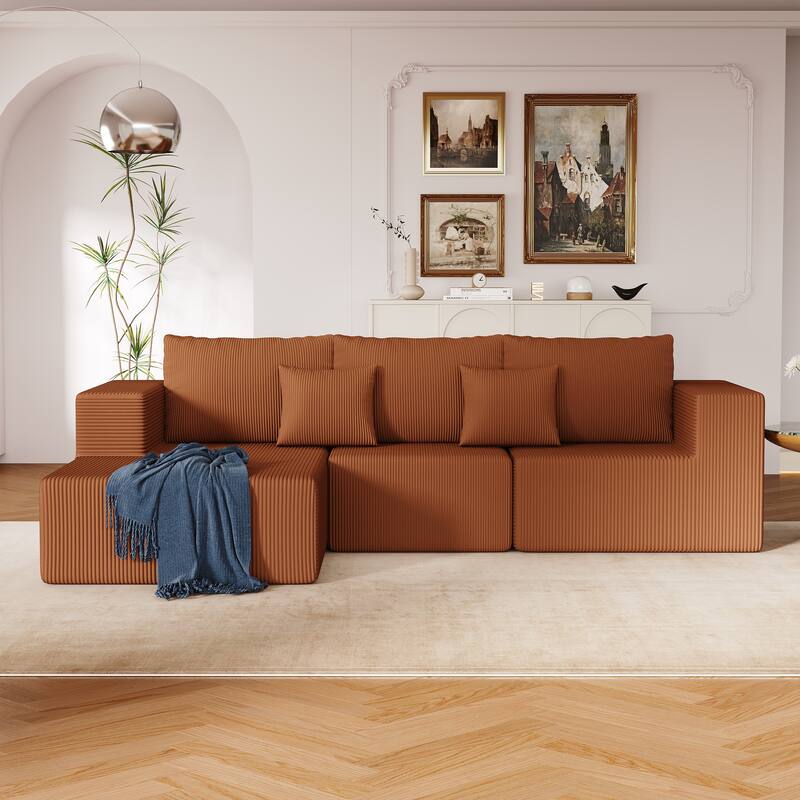 L Shaped Sectional Foam Sofa, Upholstered Corduroy Fabric Sofa, Modular Cloud Couch with Chaise Lounge & Removable Covers - Reddish Brown