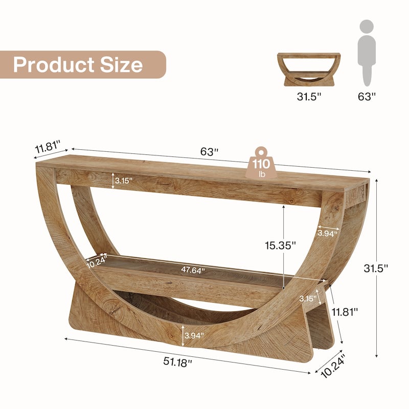 63-Inch Arched Console Table for Entryway, 2-Tier Narrow Long Sofa Table - 63" L x 11.81" W x 31.69" H