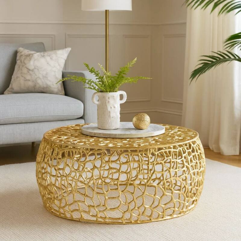 Coffee Table, 28 Inch Round Plinth Mesh Design, Open Gold Metal Frame