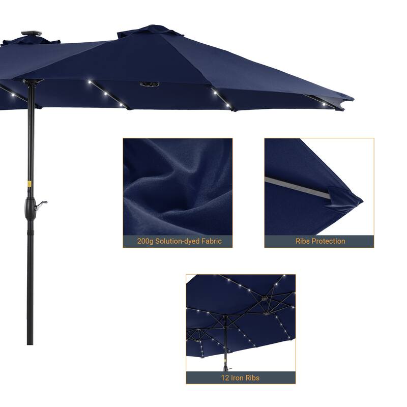 Livoosun 15×9FT LED Double-sided Patio Umbrella with BASE UPF50+ and Handle, and Wind-Resistant Design