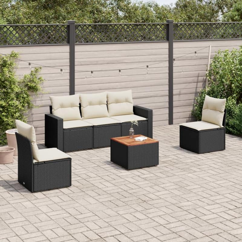 vidaXL Patio Sofa Set with Cushions Outdoor Furniture 6 Piece Poly Rattan - 25.8 x 24.4 x 27.2 - Black and Cream