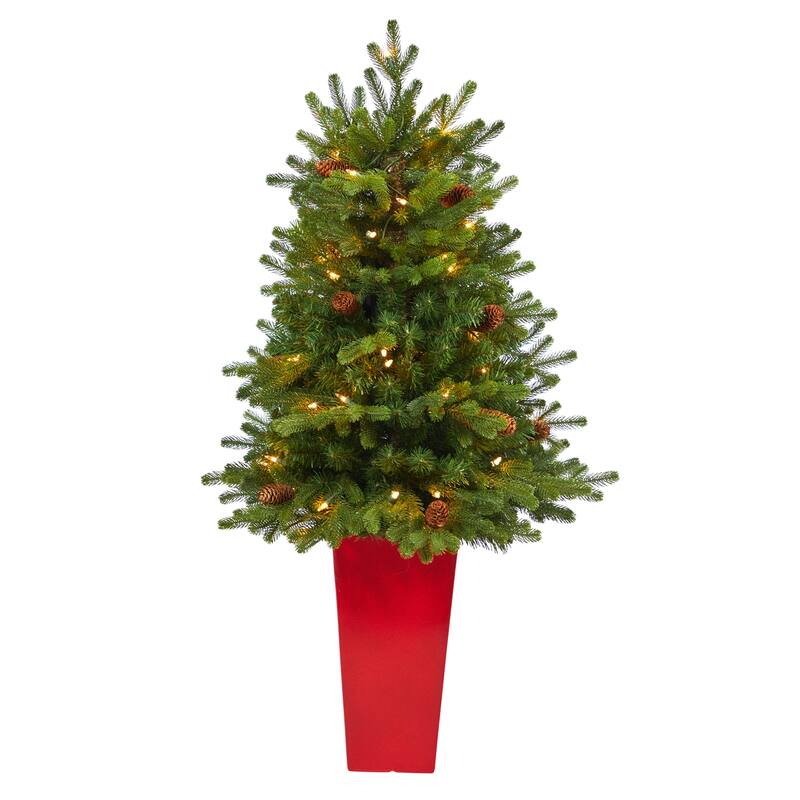 3.5Ft Artificial Christmas Tree with Lights & Pine Cones - Holiday Decor - Red - 36