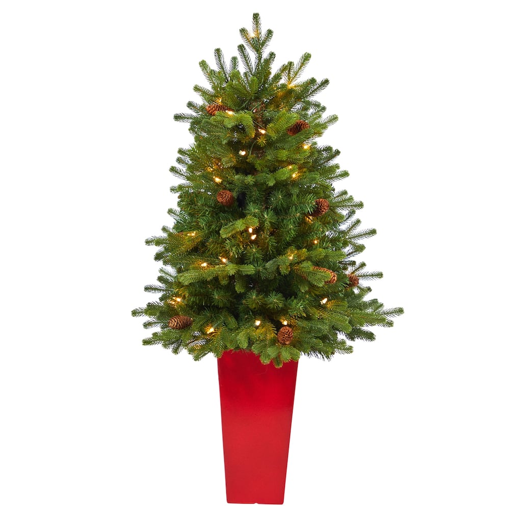 3.5Ft Artificial Christmas Tree with Lights & Pine Cones - Holiday Decor - Red - 36