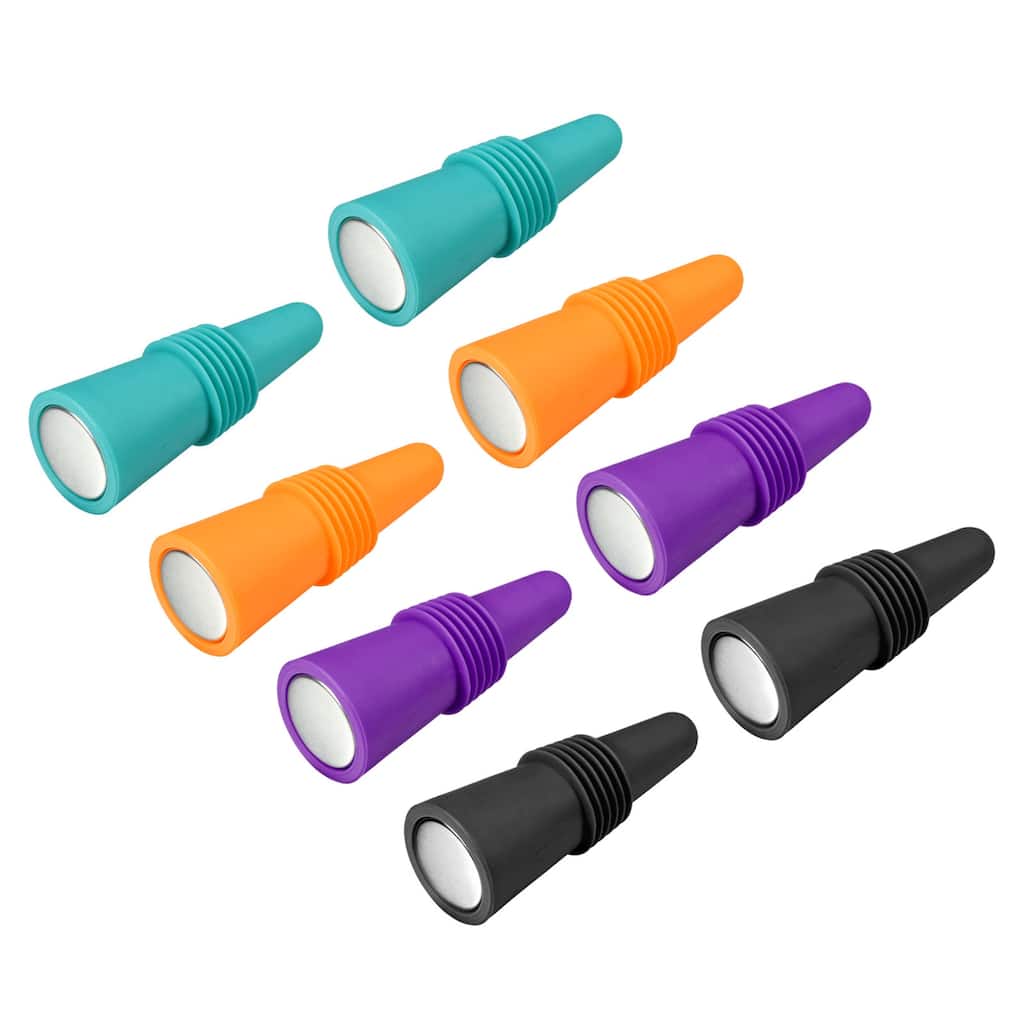 8Pcs Wine Stoppers, Silicone Beverage Bottle Sealer Caps Reusable Cover 4 Colors - Orange, Purple, Blue, Black