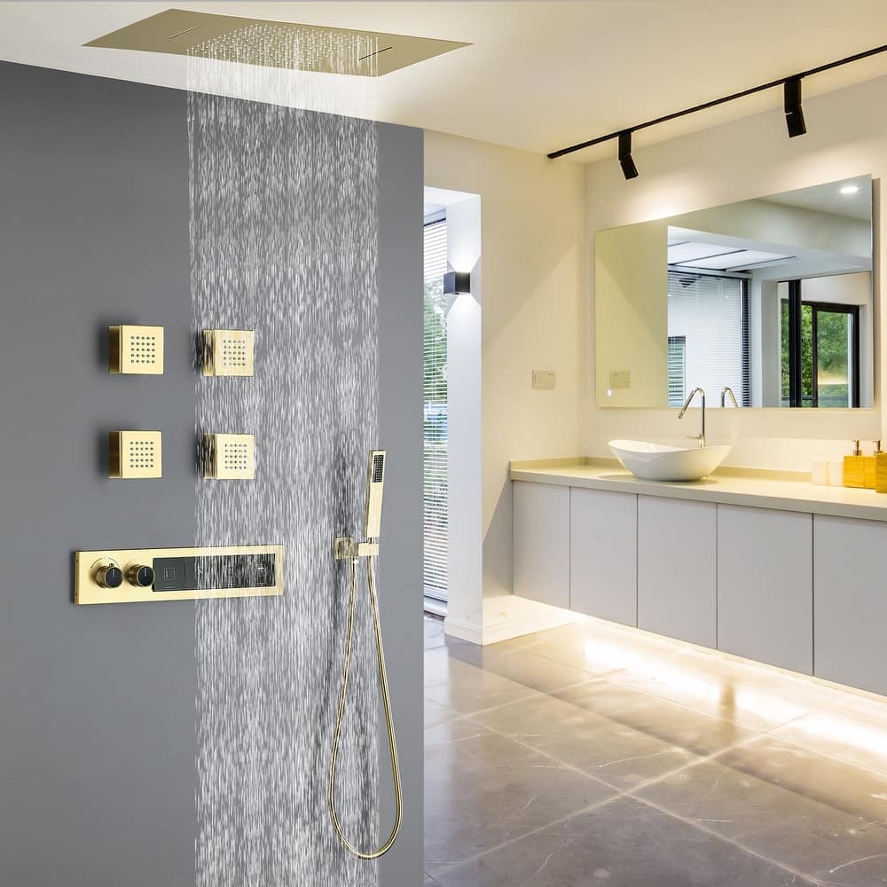 Modland NSF Certified Rainfall Waterfall Shower System - 1.59 GPM, 4 Massage Jets, Thermostatic, Matte Black/Gold
