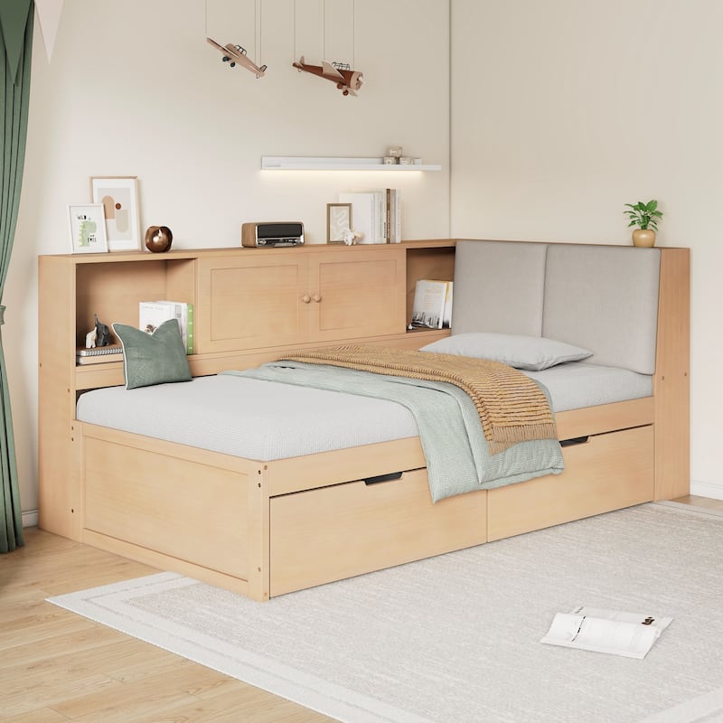 Wooden Twin Size L-shaped Daybed Corner Bed Under-bed Drawers with Storage Bookcase and Upholstered Headboard - Natural
