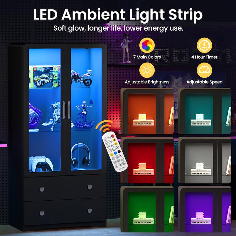 64'' Tall Display Cabinet with Acrylic Doors and LED Lights - N/A