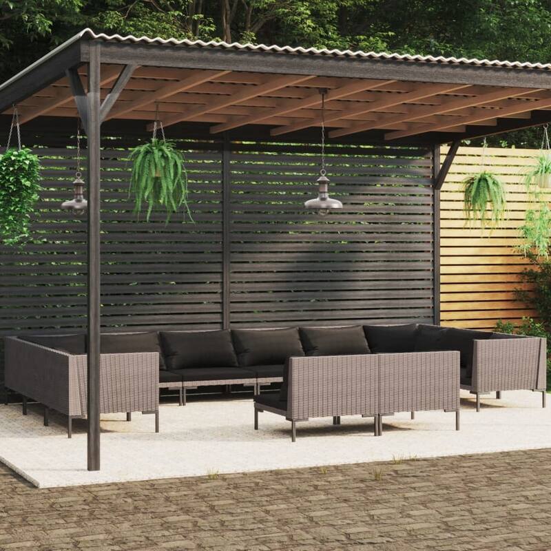 vidaXL Patio Lounge Set Outdoor Sectional Sofa Set Table Poly Rattan Dark Grey - 27.6" x 27.6" x 24" - Grey 12 Piece