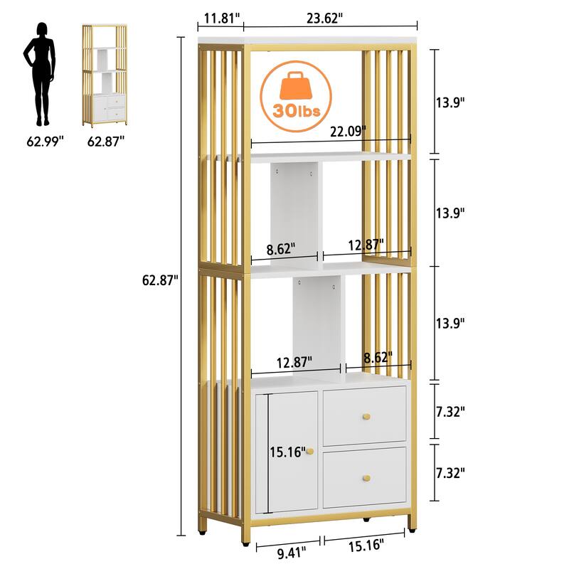 Gold Bookshelf with Drawers Modern Bookcase Storage Rack