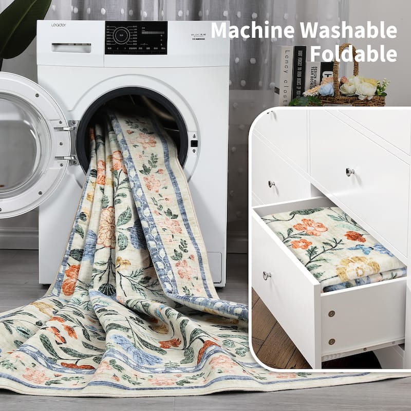 Living Room Rug Machine Washable Area Rug Non Slip Farmhouse Floral Rug Low Pile Soft Foldable Rugs