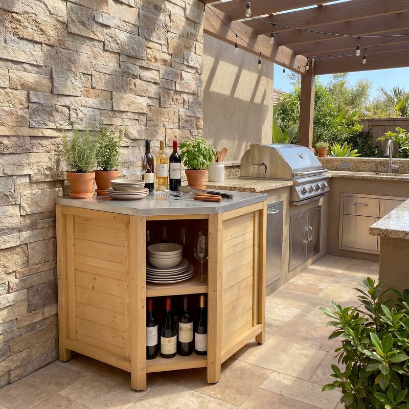Modular Outdoor Kitchen Island Set, 100% Solid Wood BBQ Cabinet , Patio Kitchen Bar Table