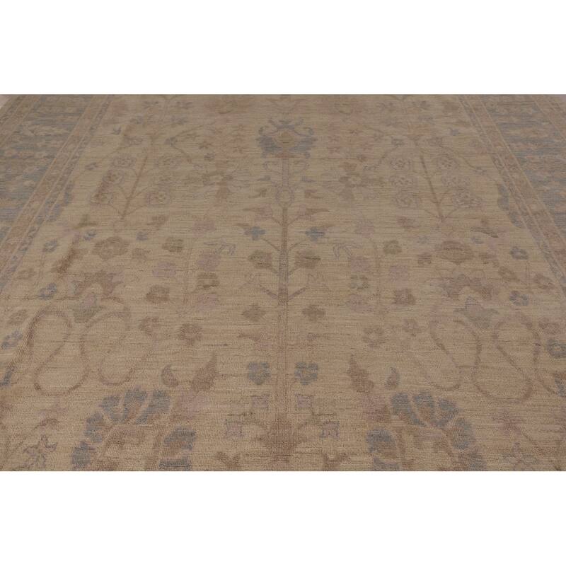 Vegetable Dye Oushak Turkish Area Rug Hand-Knotted Beige Wool Carpet - 9'1" x 11'5"