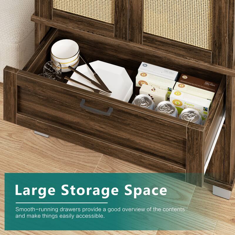 Rattan Door Pantry Storage Cabinet with Wine Rack - Freestanding Storage Organizer with Anti-Tip