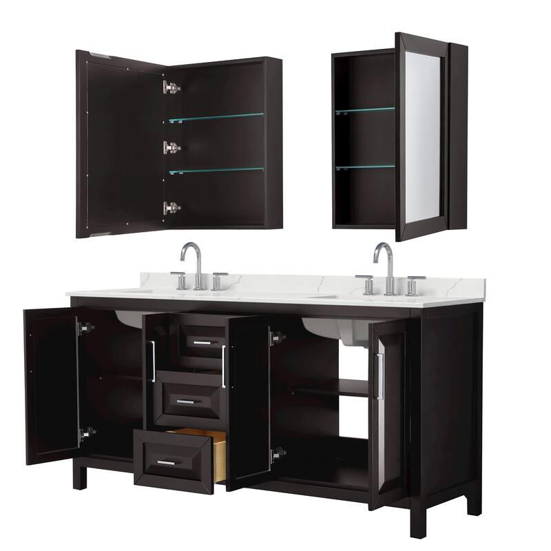 Daria 72-inch Double Vanity, 3 Hole Quartz Top, Med Cabinets