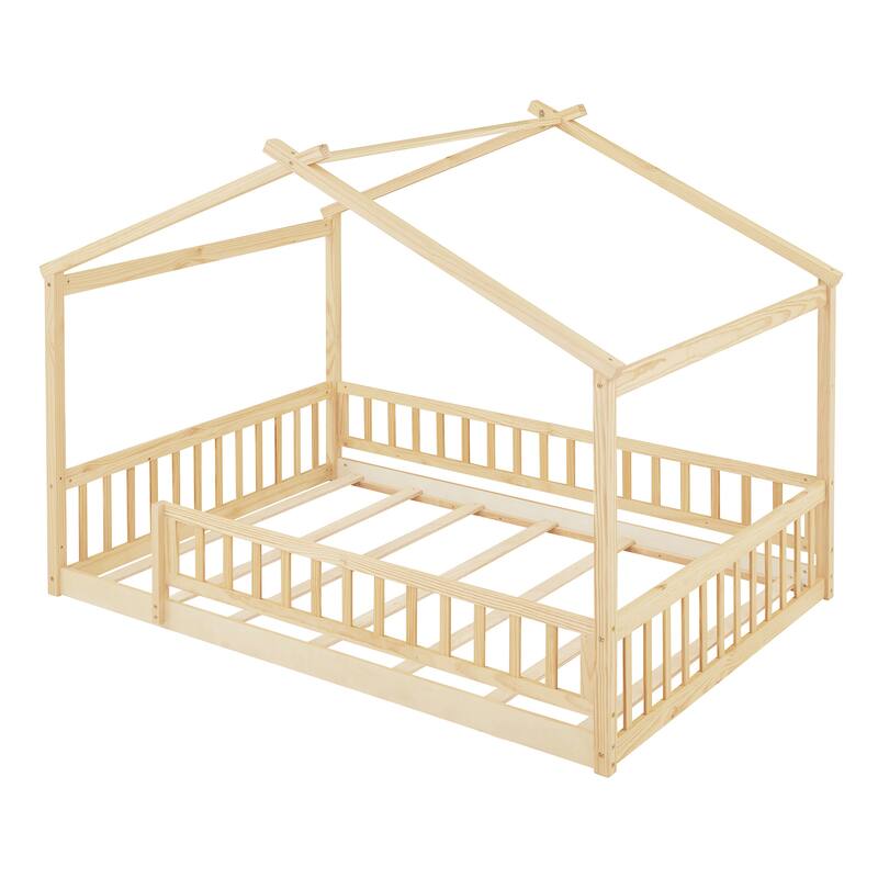 Twin/Full Wood House Bed with Fence, Playhouse Design for Kids and Teens, Easy Assembly
