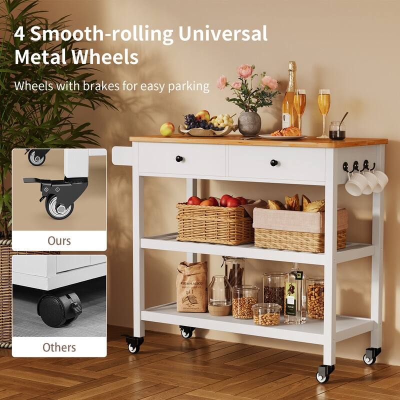 Kitchen Island Cart, Rolling Trolley Utility Cart on Wheels with 2 Drawers and 2 Open Tiers Storage Shelves