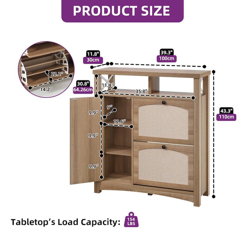 Moasis Farmhouse Rattan Shoe Cabinet with 2 Flip Drawers and Door