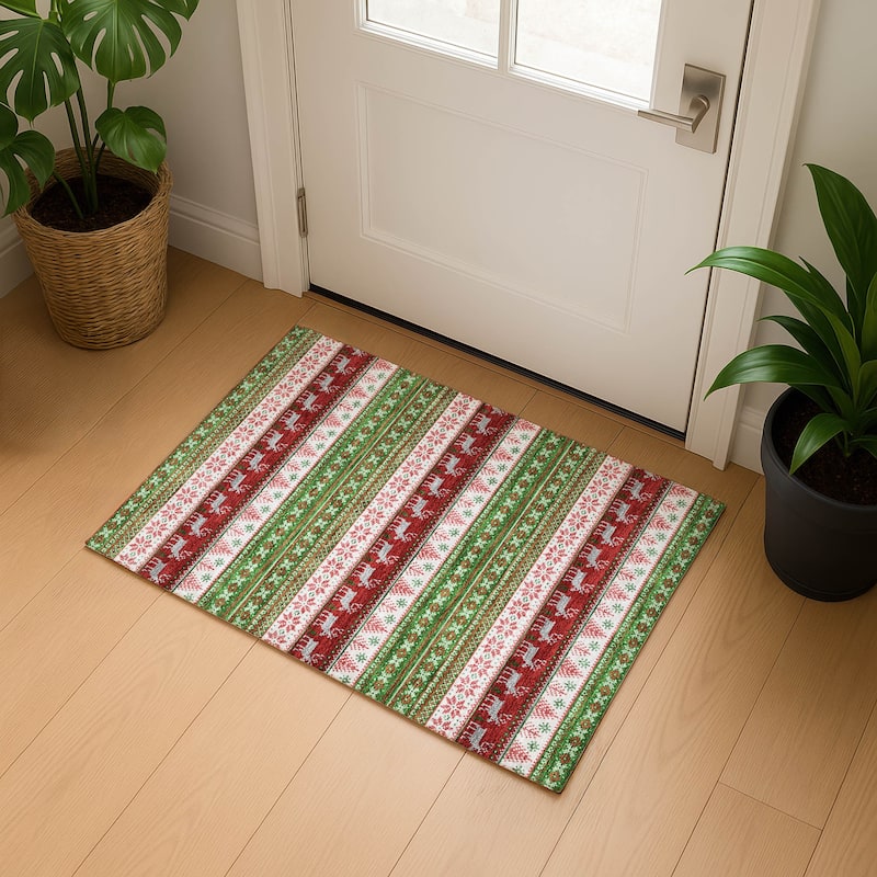 Premium Washable Super Soft Chritmas Stripes Mayfield Rug - Green - 1'8" x 2'6"