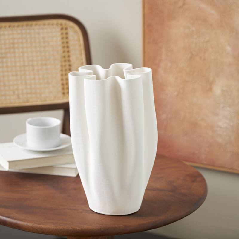 Ceramic Abstract Ribbed Dimensional Folded Decorative Vase with Floral Shaped Rim - White - Roche River Decor