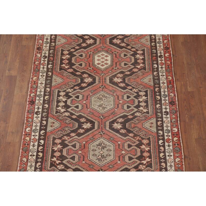 Geometric Orange Hamedan Vintage Runner Rug Handmade Wool Carpet - 3'6" x 10'1"