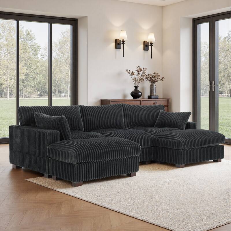 Upholstered Plush Flannel Modular Sectional Sofa with Pillows,Ajustable Headrest - Grey-5-Piece