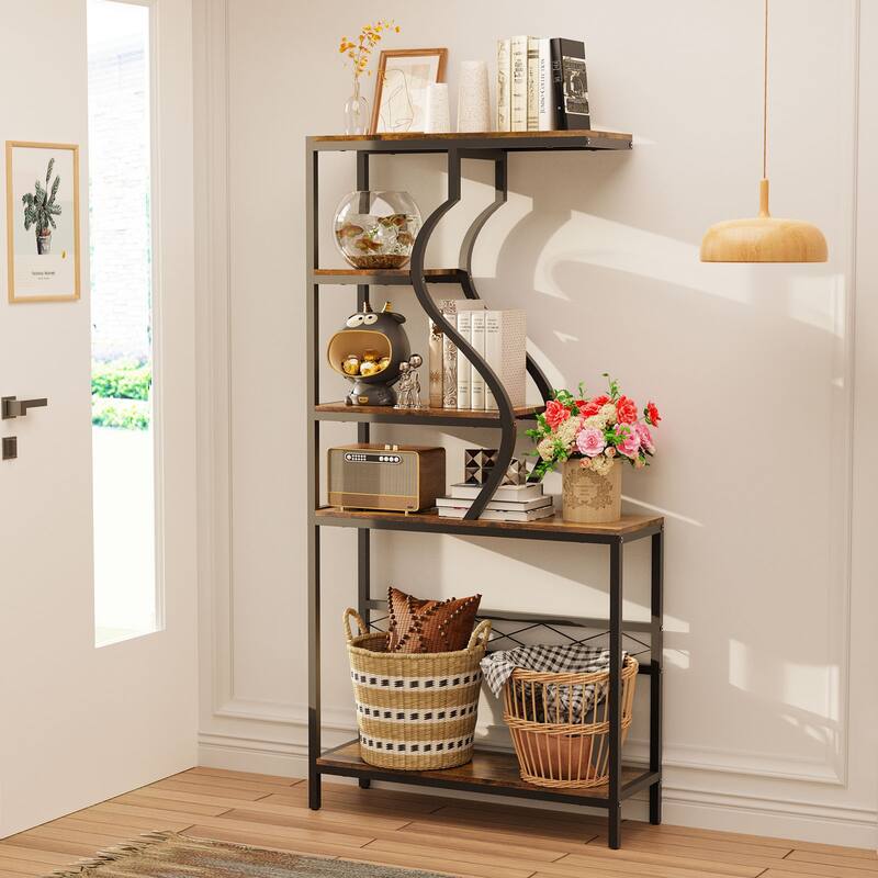 Tall 5-Tier Industrial Metal & Wood Plant Stand, Bookshelf, Bonsai Display - 36" W x 12" D x 72" H