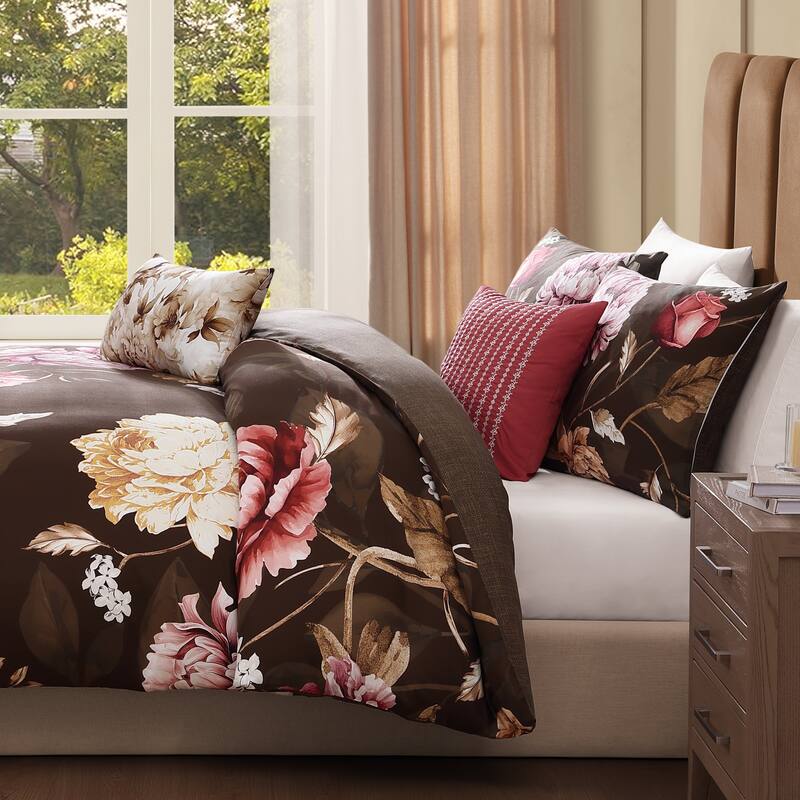 Bebejan Floral Garden on Mocha 5 Piece Reversible Comforter Set