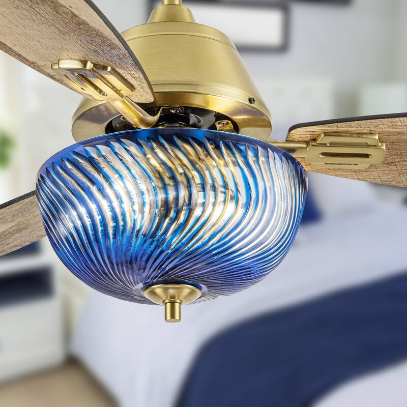 Coco River of Goods 3-blade 42-inch Glam Indoor Ceiling Fan with Blue Hand-Cut Glass Shade and Remote Control
