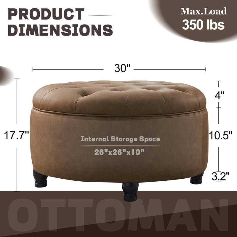 Tufted Round Storage Ottoman, Faux Leather