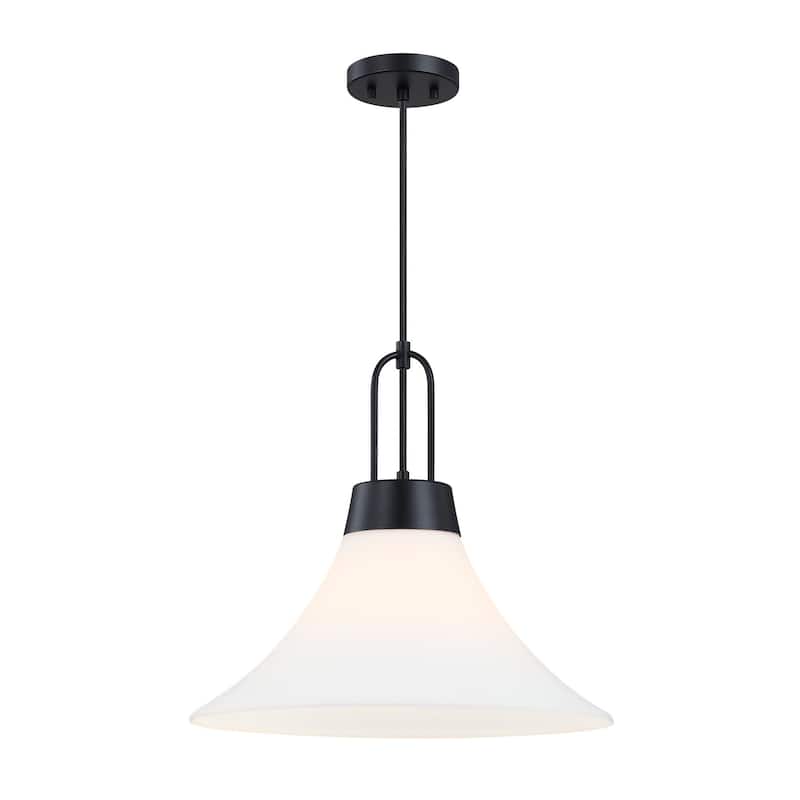 Evergreen Oasis 60 Watt 1-Light Matte Black Down Pendant Light with Etched Opal Glass Shade - 16.5
