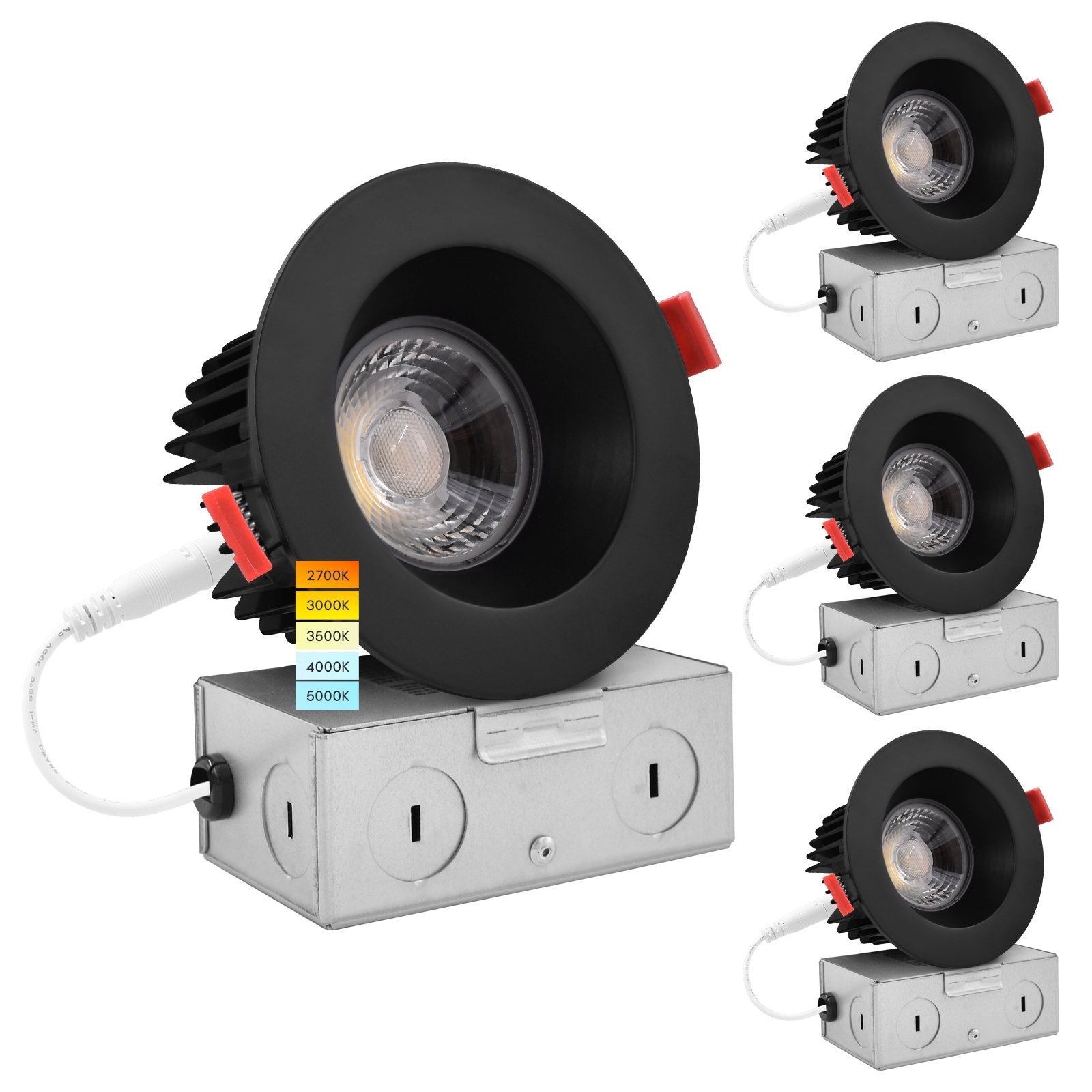 Luxrite 4" LED Recessed Light J-Box 15W 5 Color Options 1100 Lumens Dimmable Wet Rated IC Rated Black Trim 4 Pack