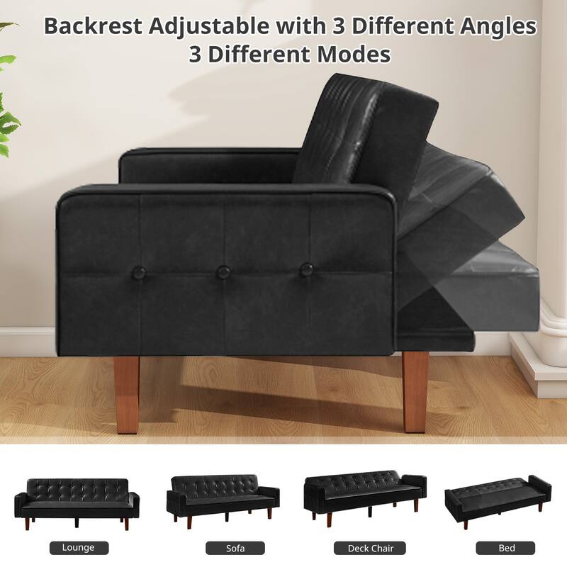 Mid-Century 74” in PU Leather Futon Sofa Bed, Button Tufted Sofa 3-Seat for Living Room Bedroom
