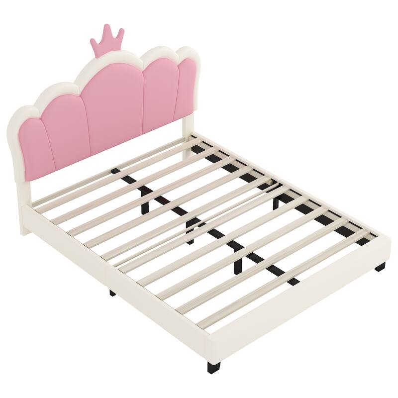 Cute Girl Princess Bed with Crown Headboard, PU Upholstered Platform Bed, Wood Panel Bed Low Profile Bed