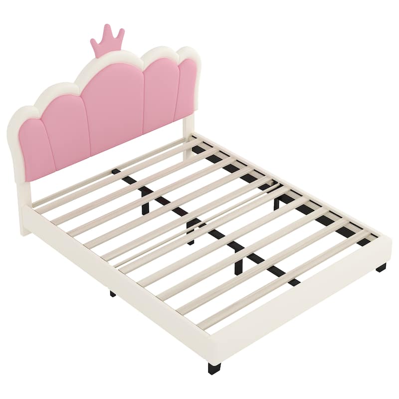 Full Size Upholstered Princess Bed with Crown Headboard and Footboard in Cream and Pink