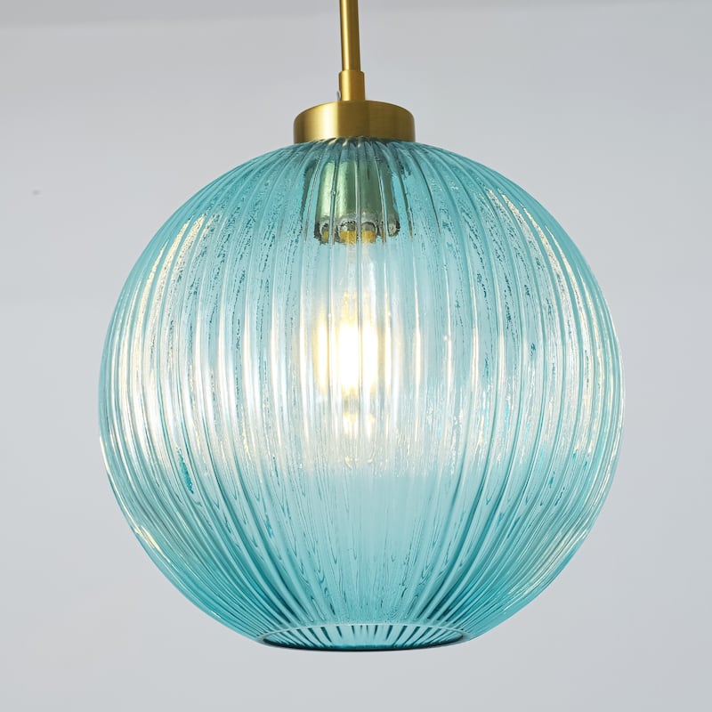 1-Light 9.8" W Mid-century Modern Metal Hanging Pendant Light with Blue Ribbed Glass Globe Shade for Kitchen Island, Dining Room