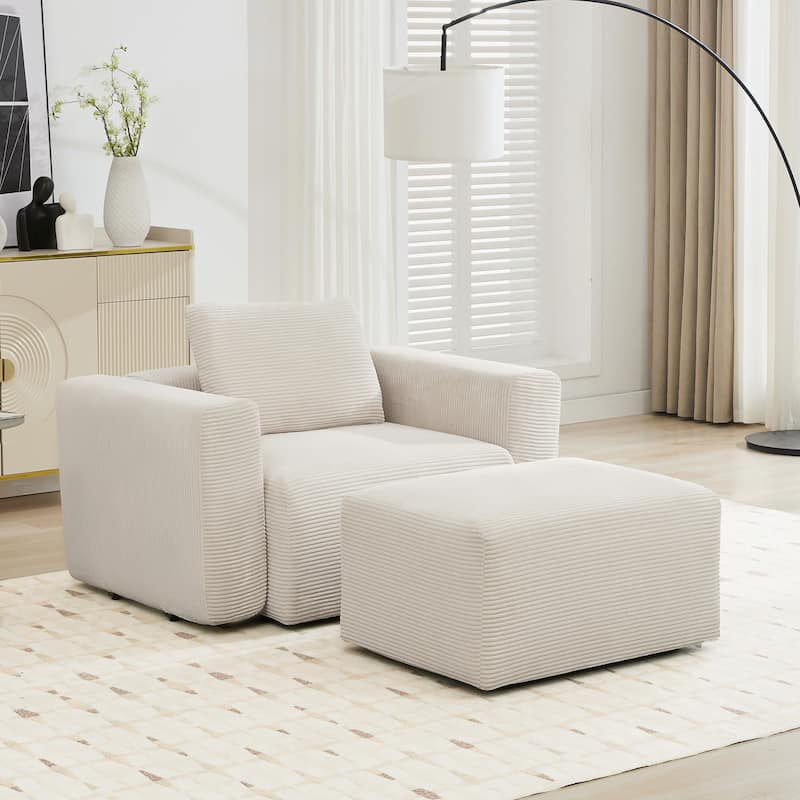 Corduroy Sectional Modular Sofa with Square Arms & Ottoman Extension for Flexible Arrangements