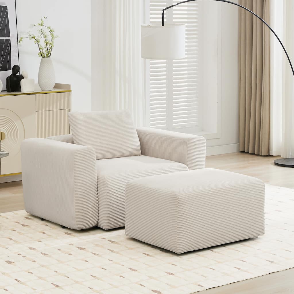 Corduroy Single Sofa Chair with a Large Ottoman, Square Arms & Ottoman Extension
