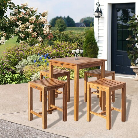 Chic Teak 5 Piece Teak Wood Seville Small Counter Height Patio Bistro Dining Set, 4 Counters Stools and 27" Square Table