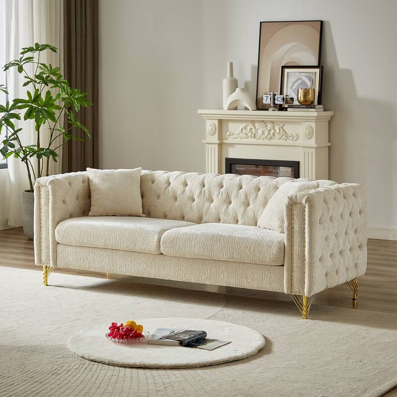 Buttons Tufted Pull Buckle Design Sofa with Copper Nail Decoration Armrest and Metal Legs
