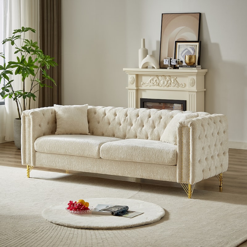 Modern 82-Inch Chenille Sofa, Button-Tufted with Copper Nail Decoration and Metal Legs