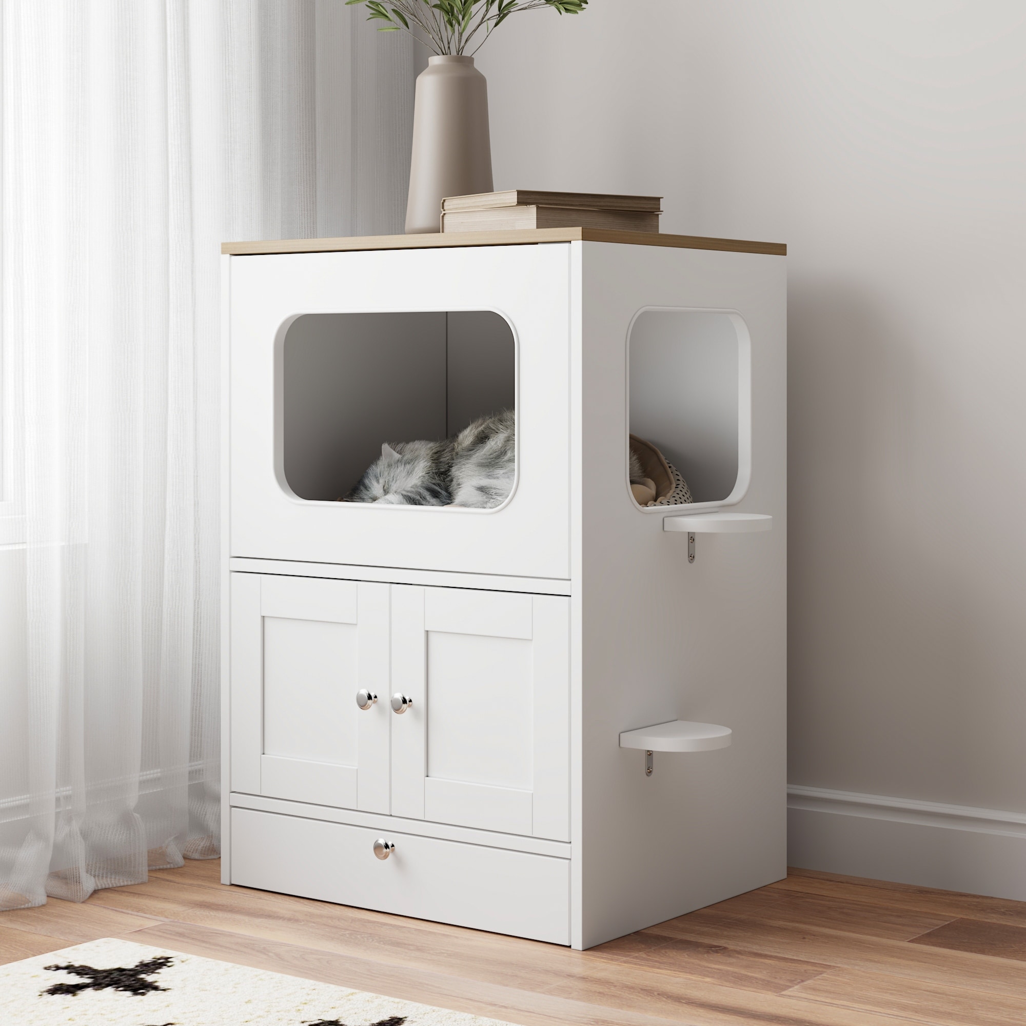 2-in-1 Cat House Furniture with Storage & Feeding Drawer, Wooden Indoor Cat Condo Cabinet Enclosed Cat Bed