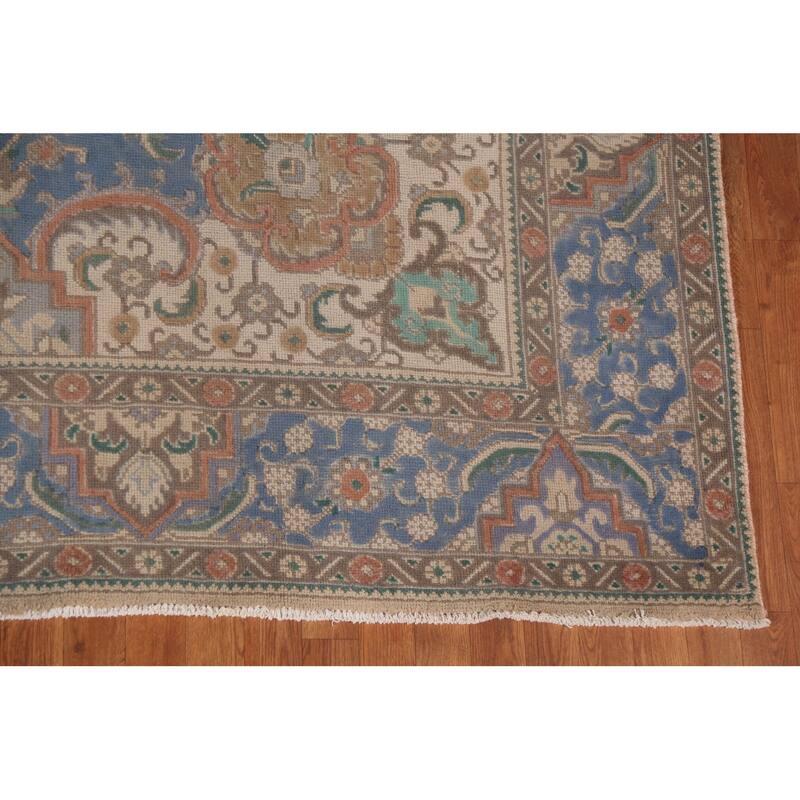 Blue Tabriz Persian Vintage Rug Hand-Knotted Traditional Wool Carpet - 10'0"x 13'2"