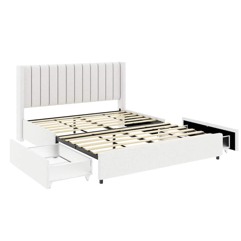 2-Drawers Storage Bed Queen Size Ivory Boucle Upholstered Platform Bed