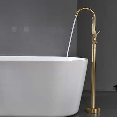 Double Handle Brushed Gold Floor Mounted Tub Filler with Hand Shower - 46.4" H
