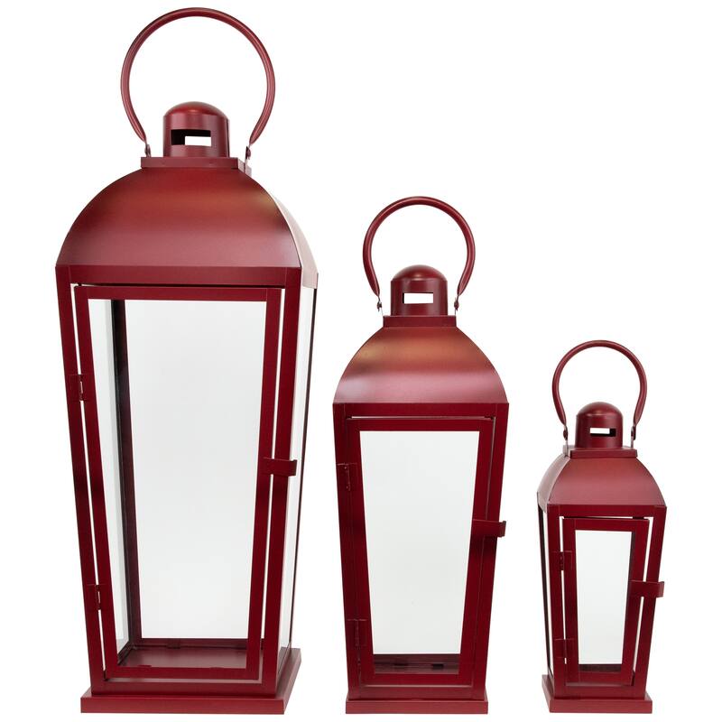 Vintage Style Metal Candle Lanterns - 23.5" - Red - Set of 3
