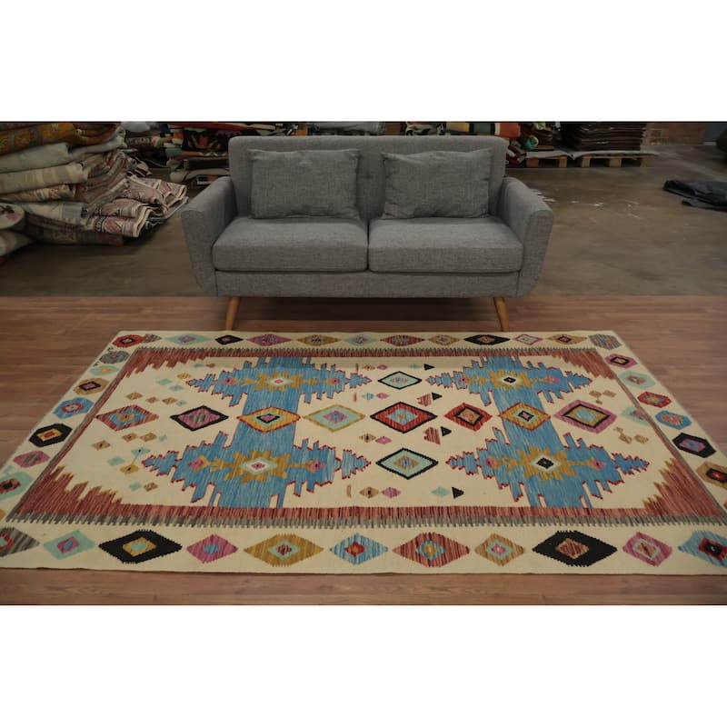 Hand Woven Oriental 100% Wool Carpet Southwestern Tribal Beige & Ivories Kilim Area Rug - 8' 0'' X 5' 0''